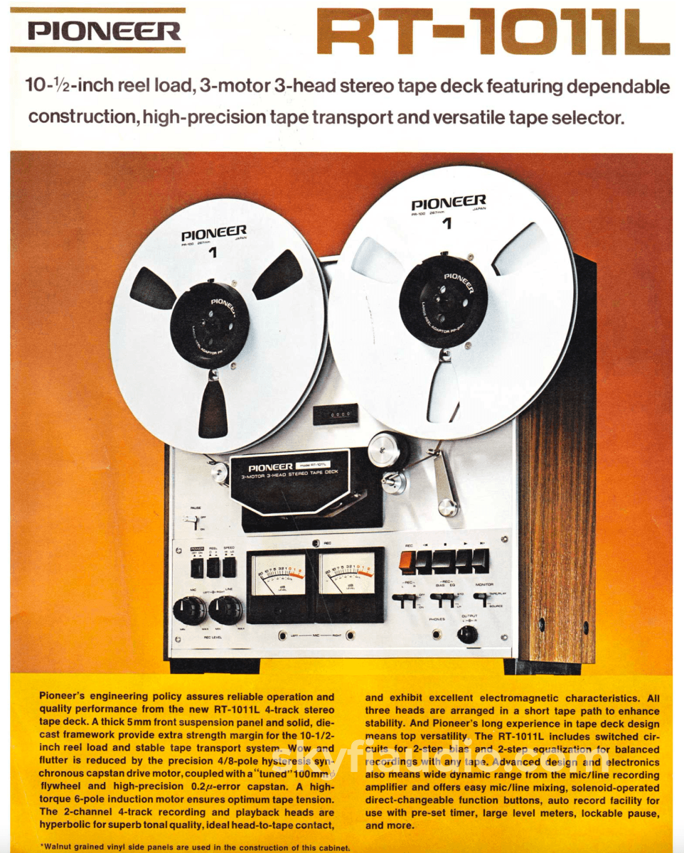 Ad for Pioneer RT-1011L reel-to-reel tape deck. The base model, the  RT-1011L ran at 3-3/4 and 7-1/2 ips. I love mine, it's…